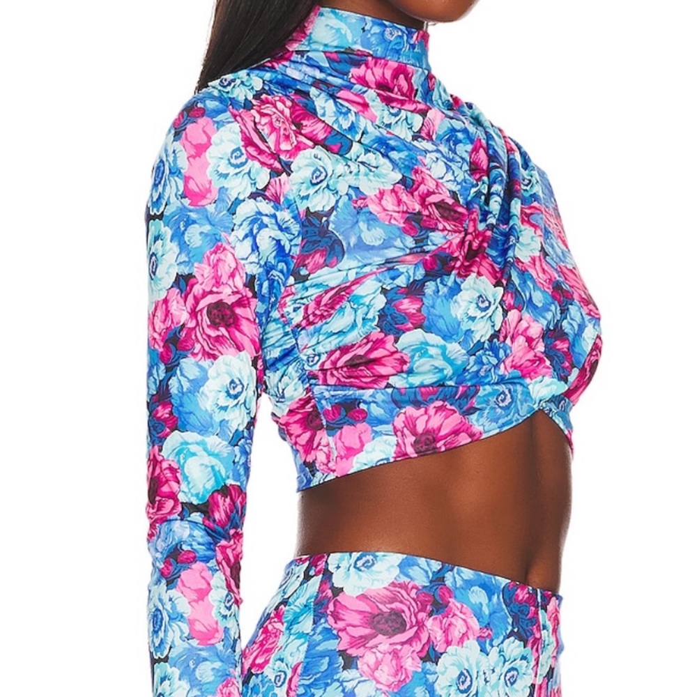 Lovers+Friends🩷 Hot Pink&Blue Floral LongSleeve Draped Mock Turtleneck CropTop M - Picture 5 of 10